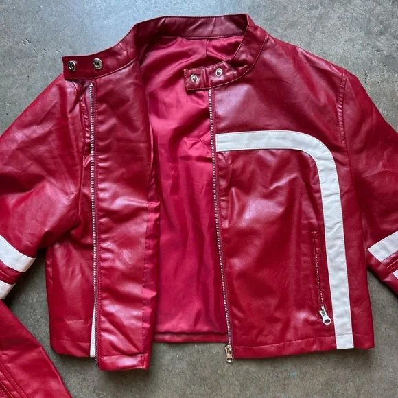 Red and White Women's Faux Leather Jacket - Picture 7 of 7